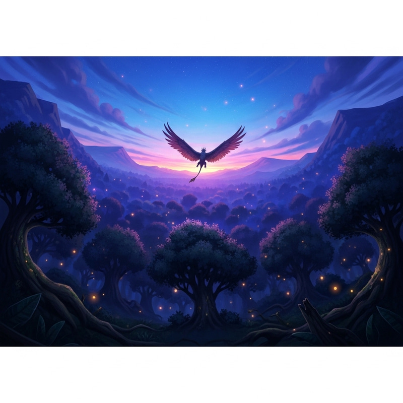 Enchanted Forest Scene at Dusk | Mythical Creature in Mid-Flight Enchanted Forest Scene at Dusk | Mythical Creature in Mid-Flight