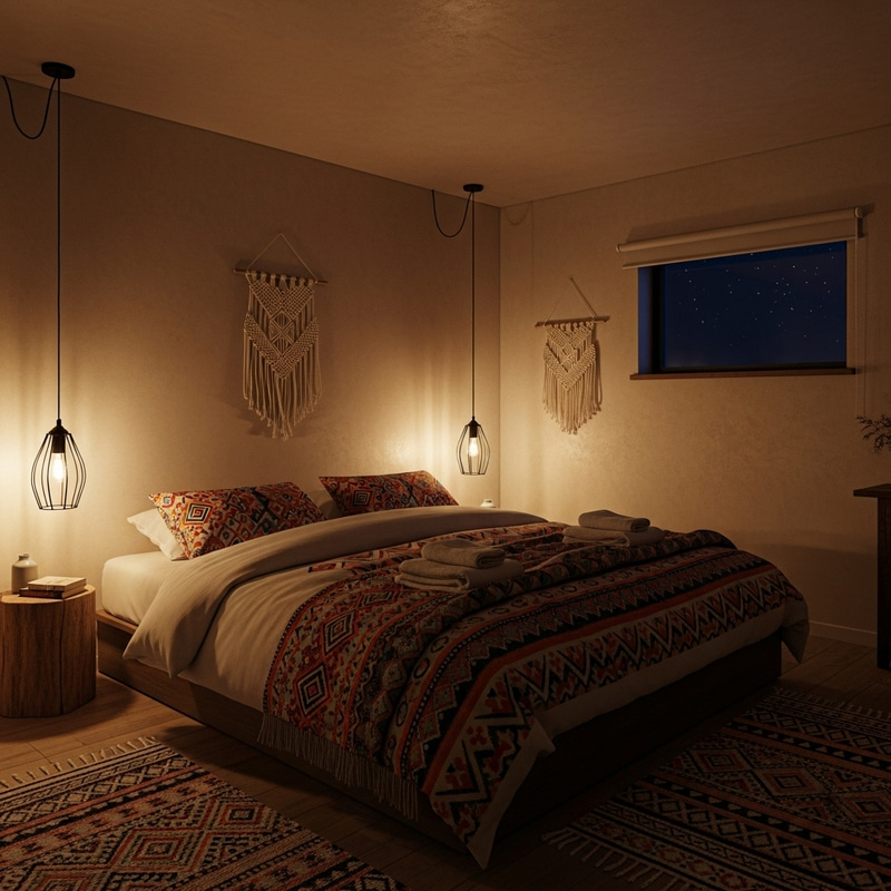 Warm Bohemian Style Double Bed Bedroom | Enchanting Night Sky View