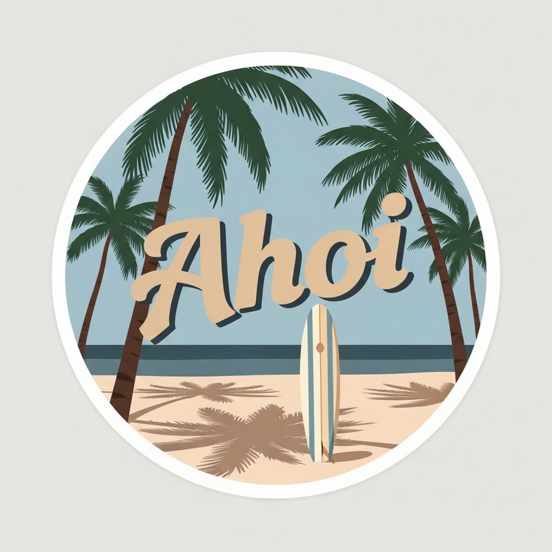 Simplistic Round Beach Sticker with Palms and Surfboard Simplistic Round Beach Sticker with Palms and Surfboard