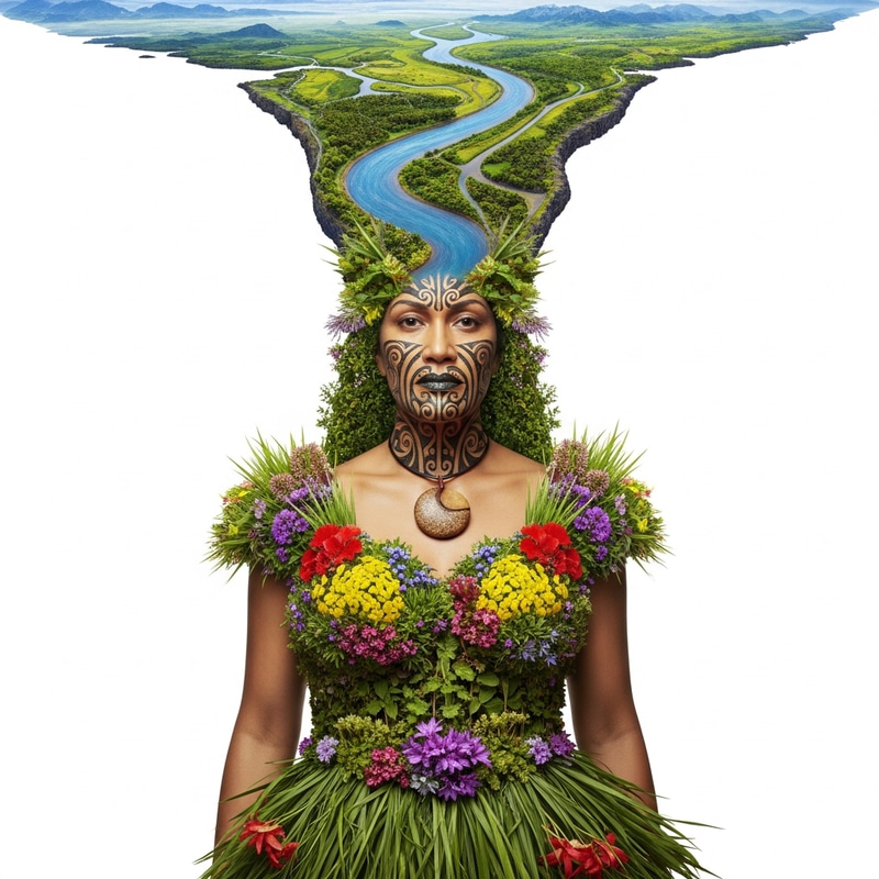Papatuanuku, Earth Mother: Maori Goddess with Moko Kauae and River Hair Papatuanuku, Earth Mother: Maori Goddess with Moko Kauae and River Hair