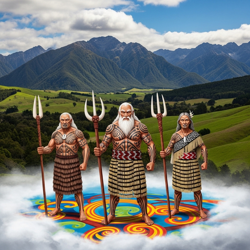 Elderly Muscular NZ Maori Deities on Cloud | Maori Art & Heritage Elderly Muscular NZ Maori Deities on Cloud | Maori Art & Heritage