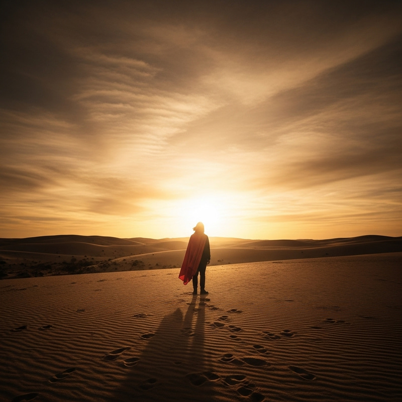 Solitary Figure in Vast Desert Landscape - Dramatic Lighting & Contemplative Pose