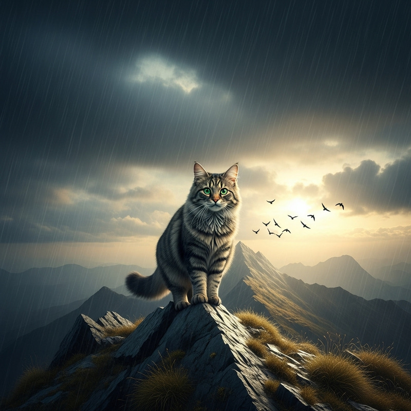 Cat on Mountain in Rain Shower with Birds Flying