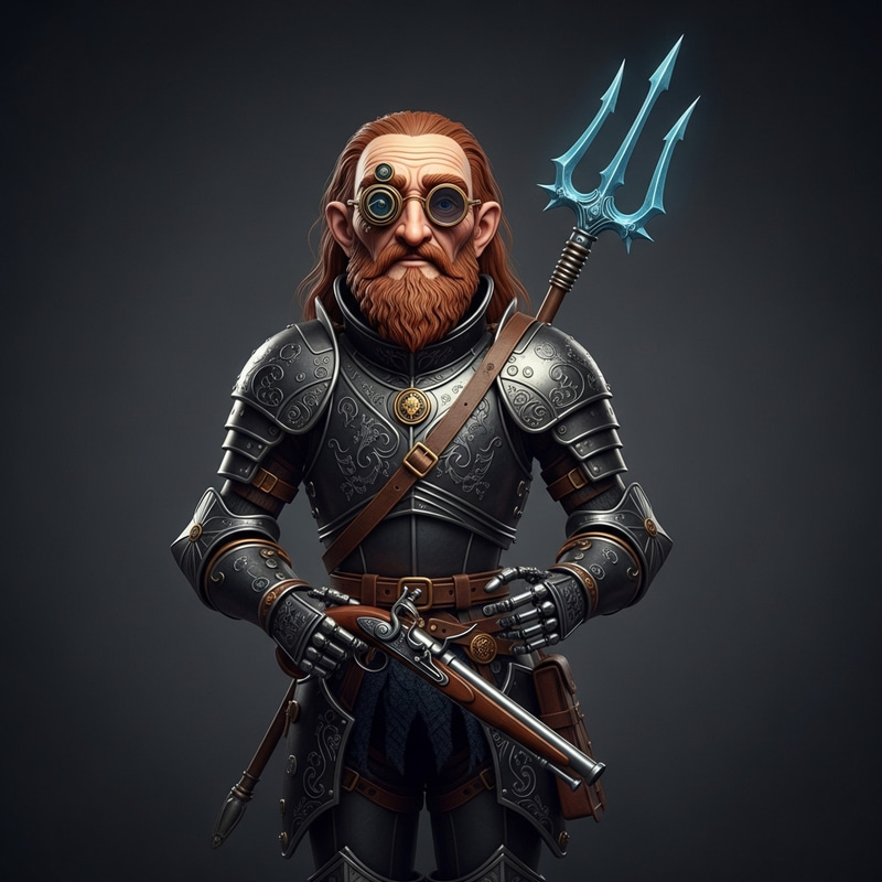 Elderly Automaton with Red Hair & Trident | Fantasy Setting Elderly Automaton with Red Hair & Trident | Fantasy Setting