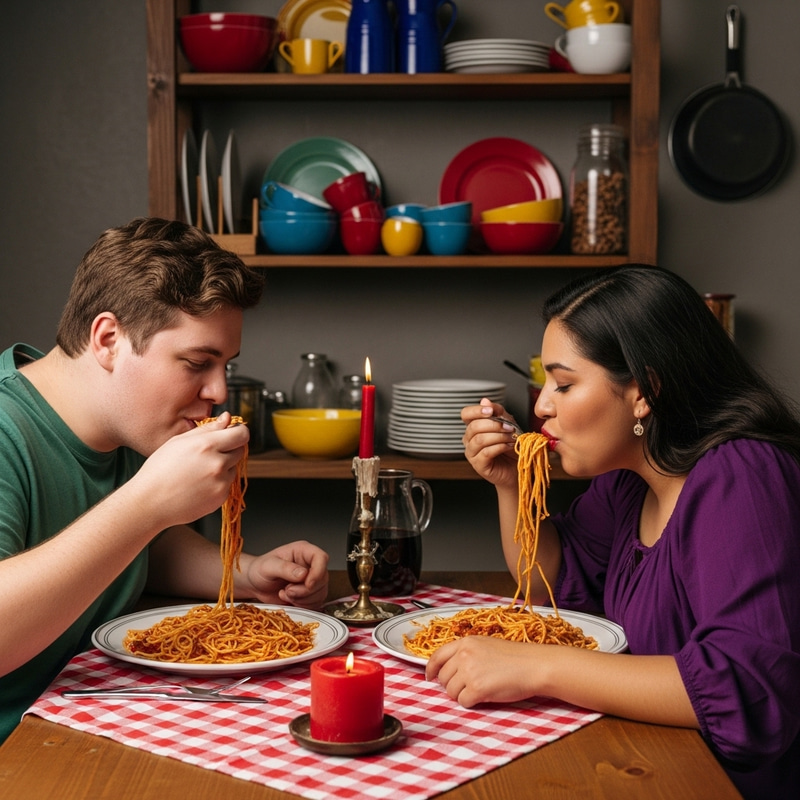 Joyful Overweight Man and Woman Eating Spaghetti | Cozy Dining Scene Joyful Overweight Man and Woman Eating Spaghetti | Cozy Dining Scene