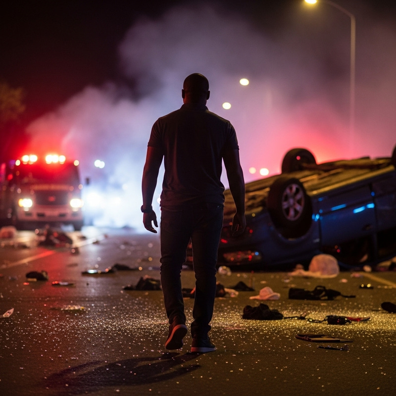 Black Man Walking Away from Chaos and Crime Scene Black Man Walking Away from Chaos and Crime Scene