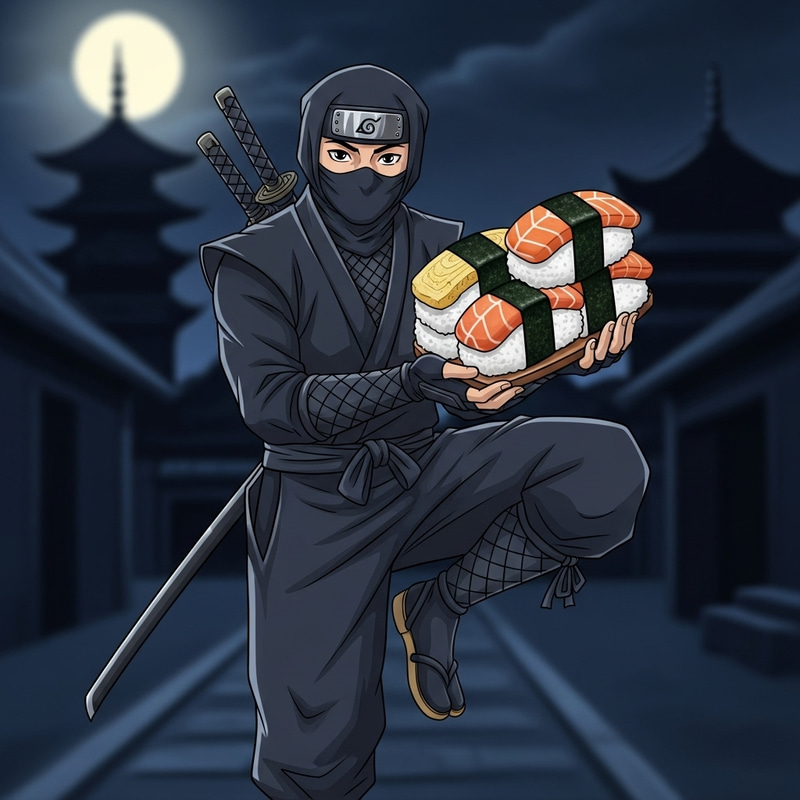 Ninja Character Holding Sushi - Night Scene with Japanese Architecture Ninja Character Holding Sushi - Night Scene with Japanese Architecture