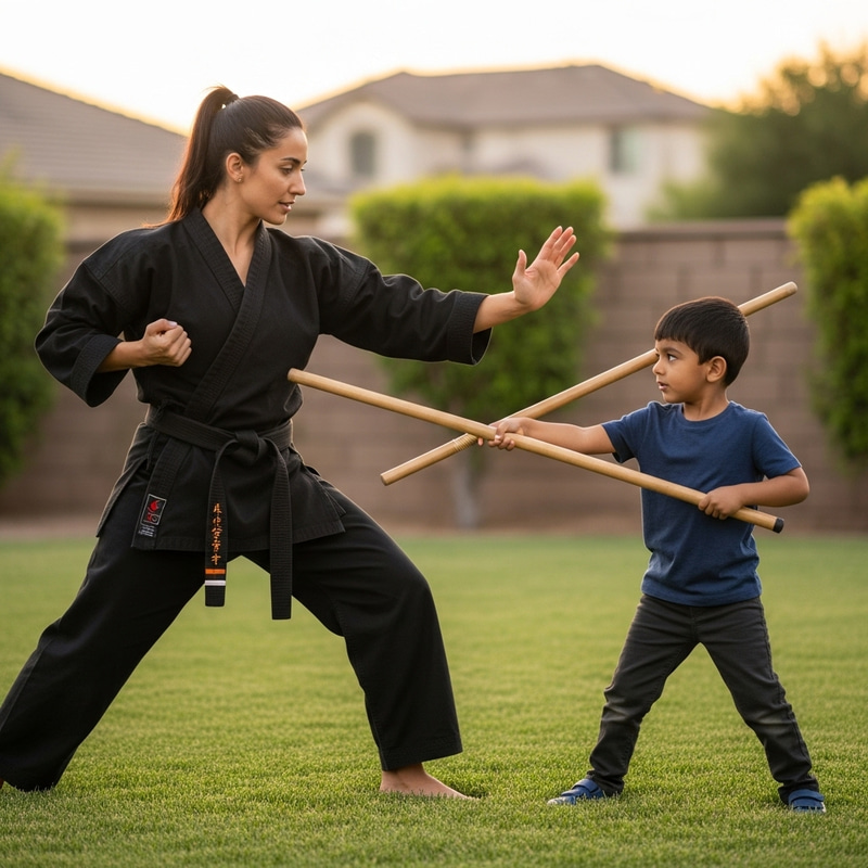 Black Mother Teaching Son Martial Arts with Long Stick Black Mother Teaching Son Martial Arts with Long Stick