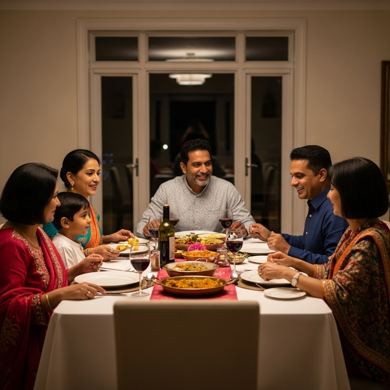 Heartwarming Indian Family Dinner Scene - Vibrant Colors & Intimate Conversations