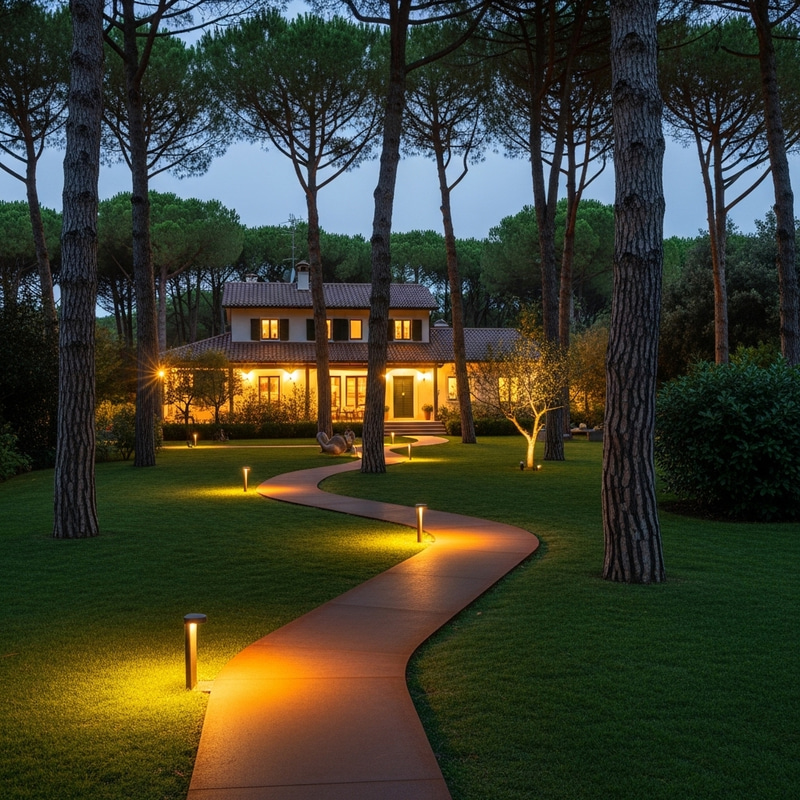 Lush Garden Pathway with Pine Trees at Dusk
