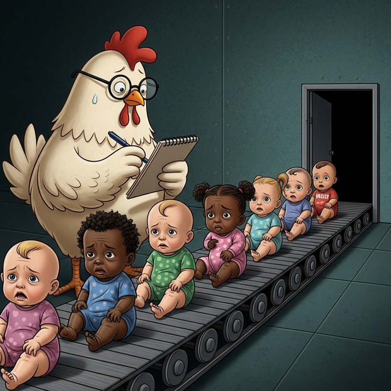 Surreal Image: Crying Babies on Conveyor Belt with Chicken