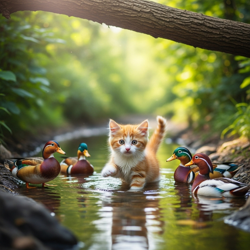 Cute Kitty Swimming with Friendly Ducks Cute Kitty Swimming with Friendly Ducks