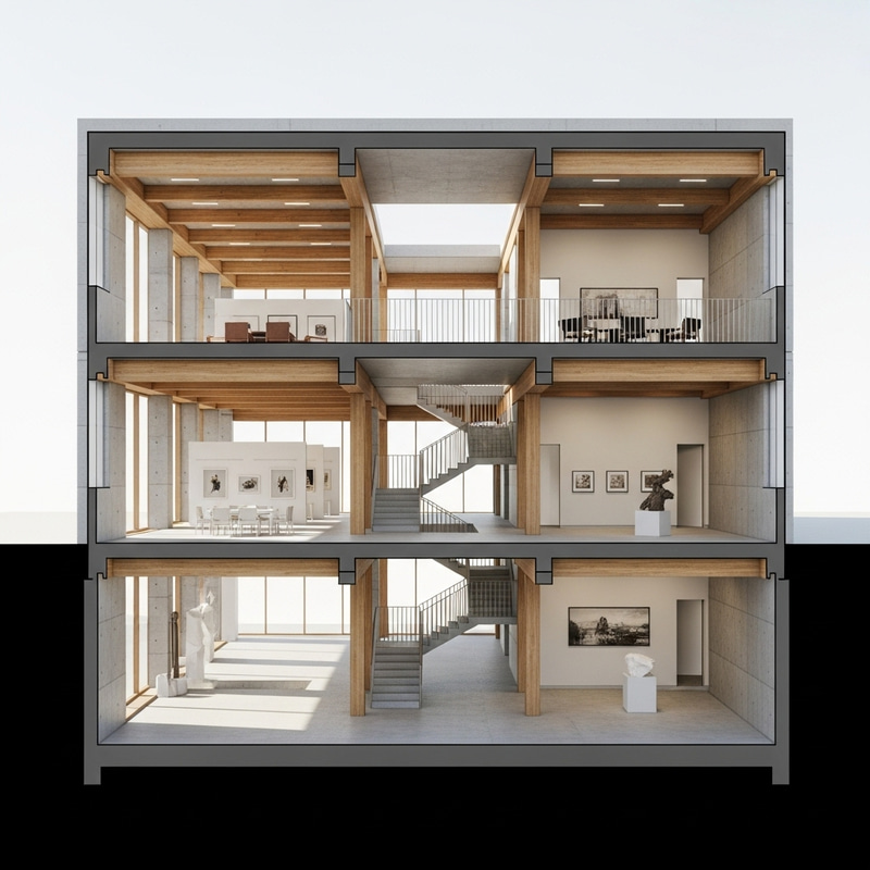 Gallery Concrete and Wood Beams | 3 Floors Architectural Section Gallery Concrete and Wood Beams | 3 Floors Architectural Section