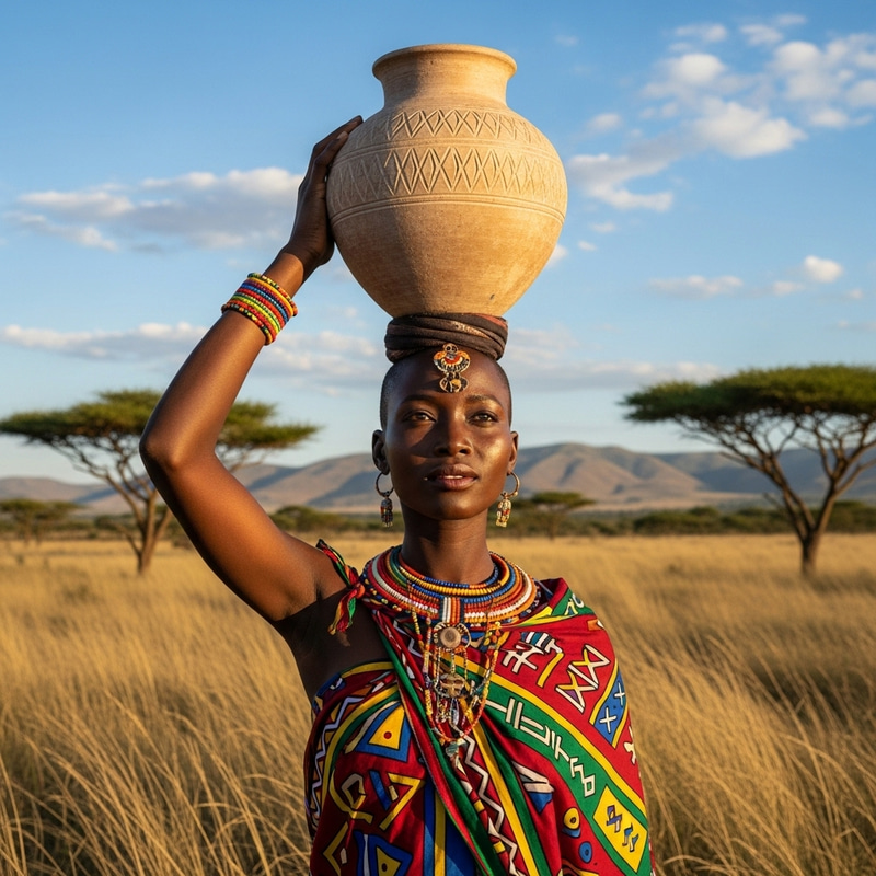 Radiant African Woman Balancing Clay Pot in Historic Time
