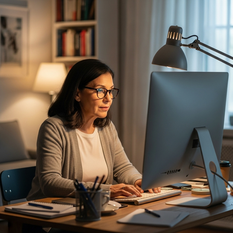 Hispanic Woman Using Internet in Home Office Setting Hispanic Woman Using Internet in Home Office Setting