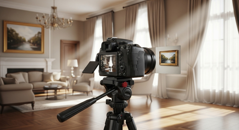 Elegant Living Room - Black 3D Camera on Tripod Elegant Living Room - Black 3D Camera on Tripod
