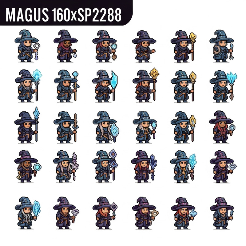 Pixel Art Magus Characters Sprite Sheet | Diverse and Unique Designs Pixel Art Magus Characters Sprite Sheet | Diverse and Unique Designs