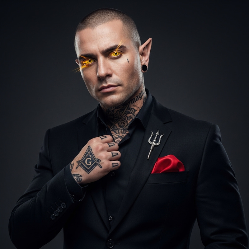 Power and Mystery Embodied: Modern Demon in Black Suit with Masonic Symbol Tattoo Power and Mystery Embodied: Modern Demon in Black Suit with Masonic Symbol Tattoo