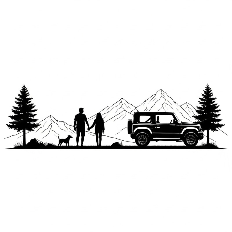 Minimalist Silhouette of Suzuki Jimny with Landscape Minimalist Silhouette of Suzuki Jimny with Landscape
