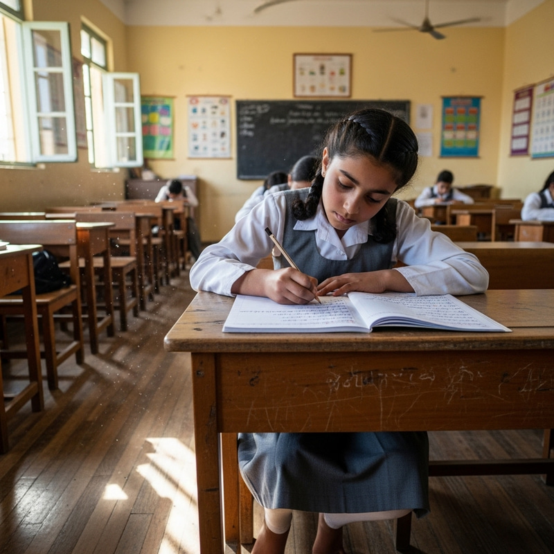 Imaginative Scene of Eleven-Year-Old Middle-Eastern Girl Studying in Classroom Imaginative Scene of Eleven-Year-Old Middle-Eastern Girl Studying in Classroom