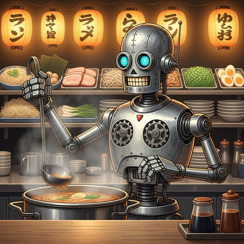 Ramen Jiro Robot Stirring Broth - Whimsical Scene with Steaming Ramen Ramen Jiro Robot Stirring Broth - Whimsical Scene with Steaming Ramen