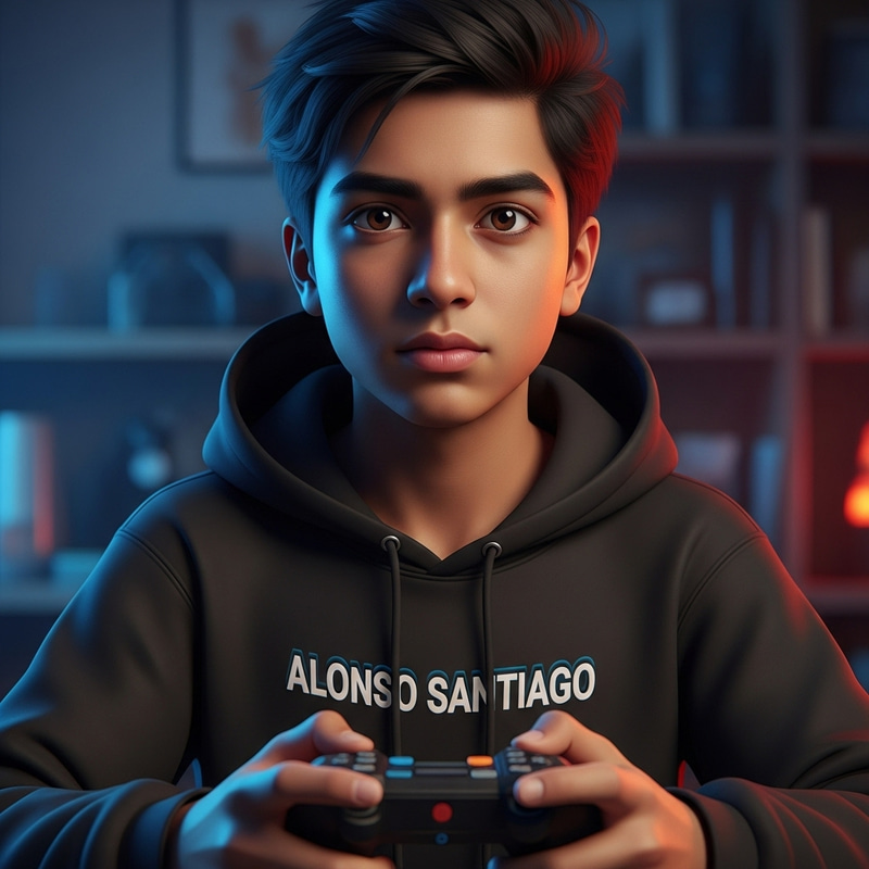 Young Gamer in Stylish 'ALONSO SANTIAGO' Hoodie - Fashion 3D Render Young Gamer in Stylish 'ALONSO SANTIAGO' Hoodie - Fashion 3D Render