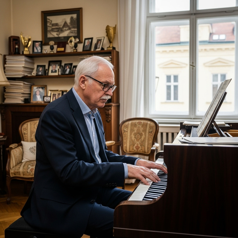 Composer Ján Cikker Playing Piano in Bratislava Home
