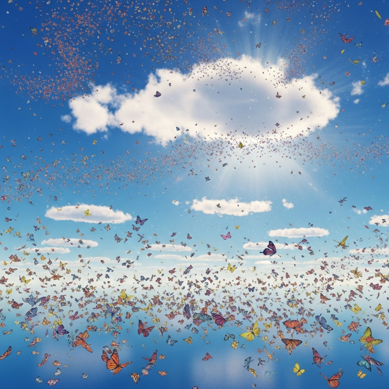 Kaleidoscope Butterflies and Dreamlike Clouds