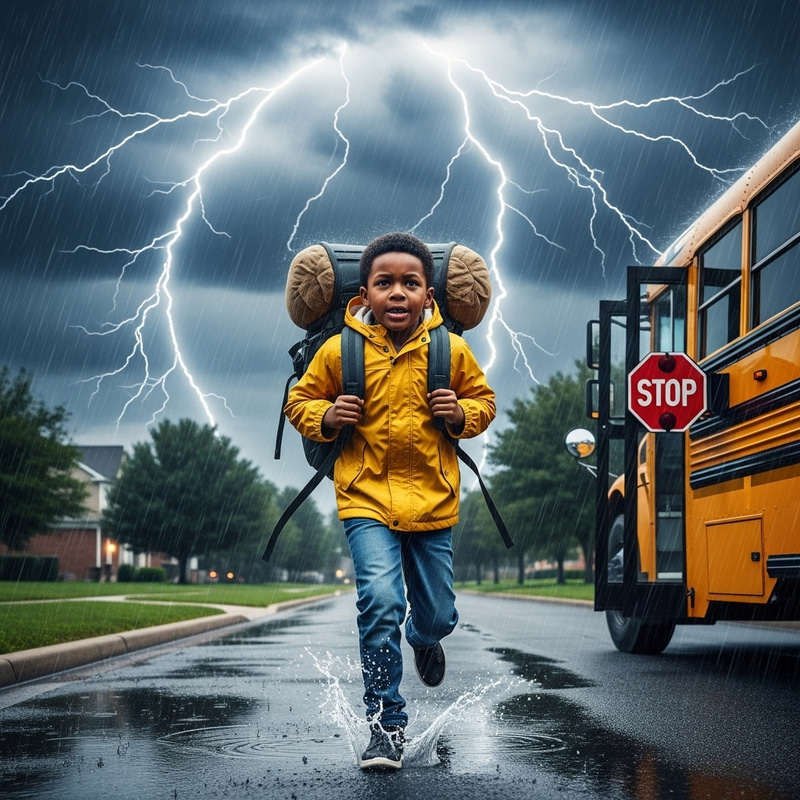 8-Year-Old African American Boy Running to School Bus Under Ominous Clouds 8-Year-Old African American Boy Running to School Bus Under Ominous Clouds