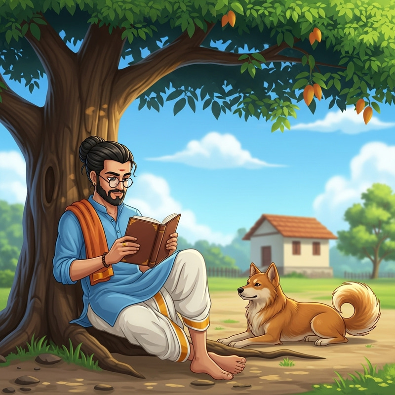 South Asian Male Character with Traditional Outfit and Dog in Countryside South Asian Male Character with Traditional Outfit and Dog in Countryside