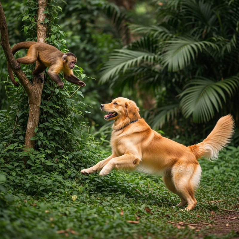 Monkey and Dog Play - Endearing Friendship in Tropical Jungle Monkey and Dog Play - Endearing Friendship in Tropical Jungle