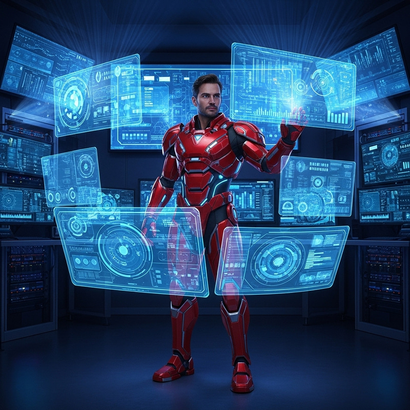 Iron Man in Futuristic High-Tech Room with AI Computers Iron Man in Futuristic High-Tech Room with AI Computers