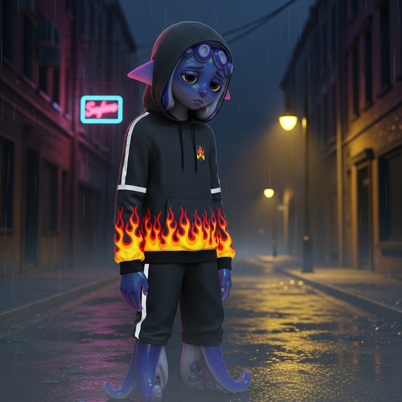 Sad Squid on Dark Street in Flame Nike Outfit. Ultra Realistic, 4K, HD.