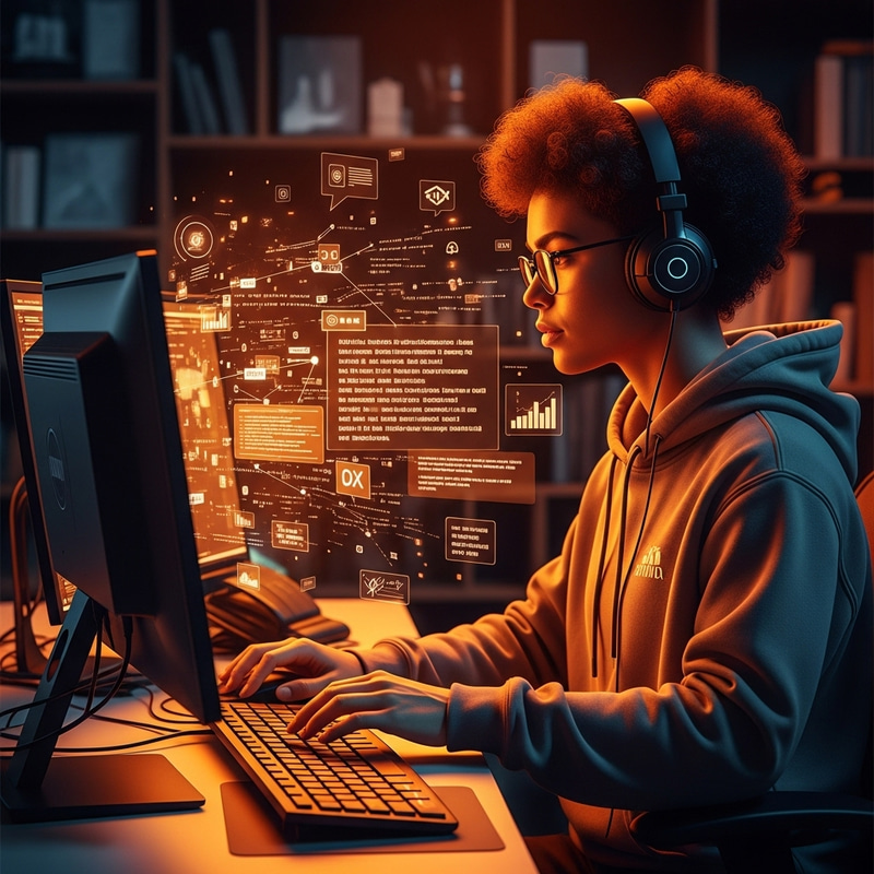 Realistic Hacker in Orange & Black: Cyber Tech Artistry Realistic Hacker in Orange & Black: Cyber Tech Artistry