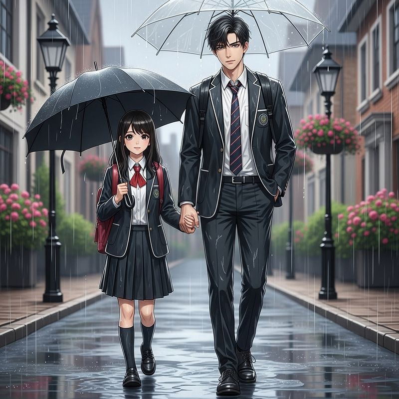 Handsome Raven-Haired Boy and Beautiful Brunette Girl Walking in Rain Handsome Raven-Haired Boy and Beautiful Brunette Girl Walking in Rain
