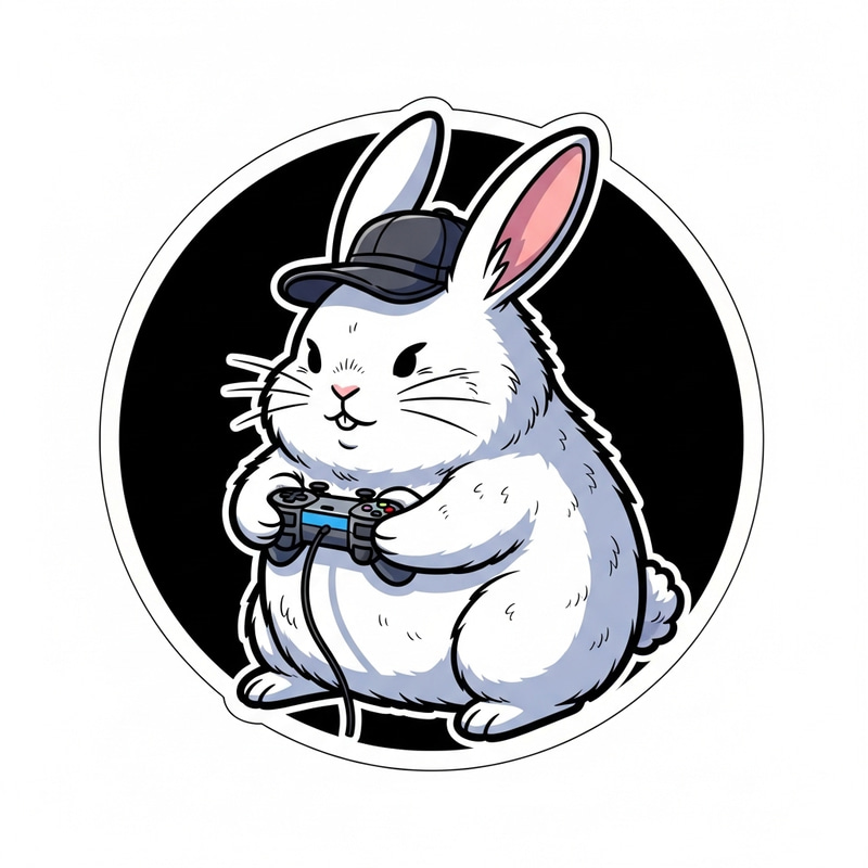Vivid Cartoon White Rabbit Gaming with Cap | Stylish Die-Cut Sticker Vivid Cartoon White Rabbit Gaming with Cap | Stylish Die-Cut Sticker