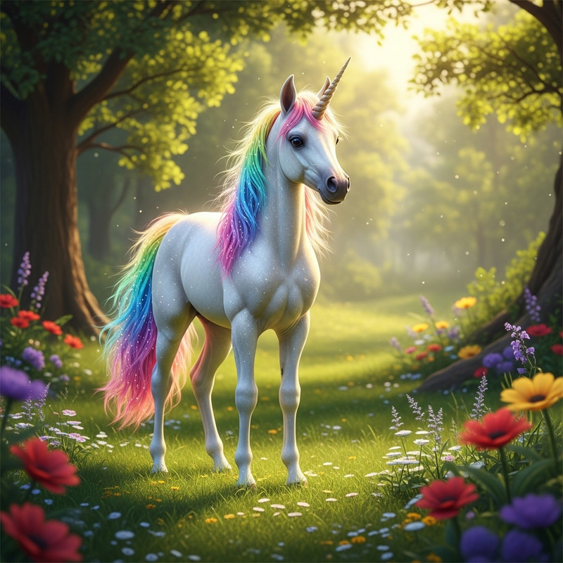 Enchanting White Baby Unicorn in Magical Meadow