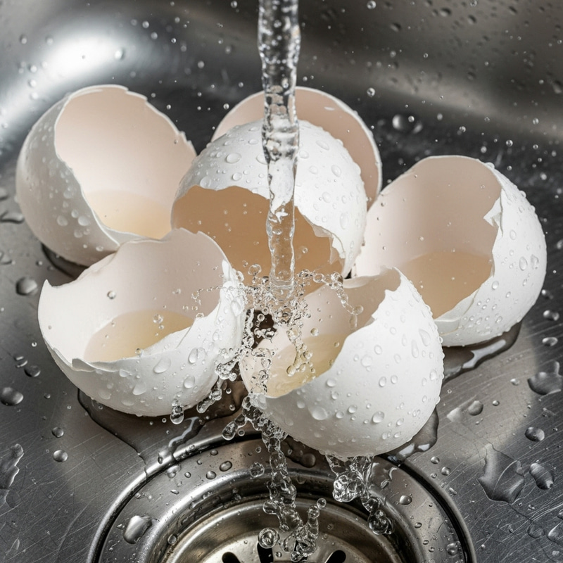 Broken White Eggshells Being Washed at Faucet