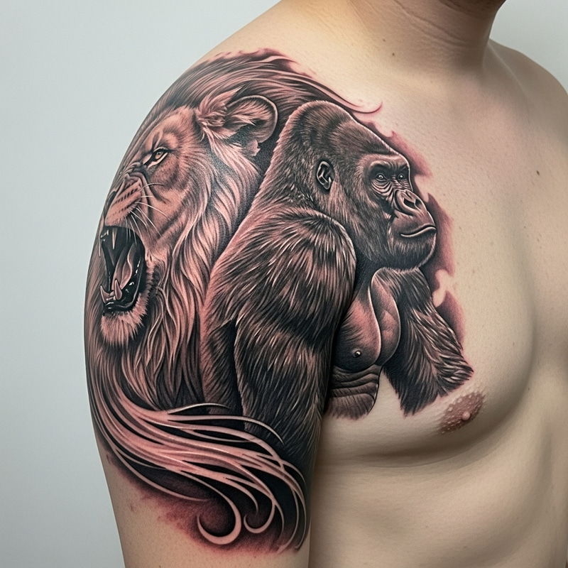 Men Tattoo with Majestic Lion and Powerful Gorilla Design Men Tattoo with Majestic Lion and Powerful Gorilla Design