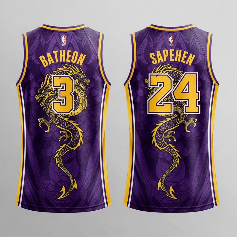 Intricate Purple & Gold Dragon Basketball Uniform Design with Player Name & Number Intricate Purple & Gold Dragon Basketball Uniform Design with Player Name & Number
