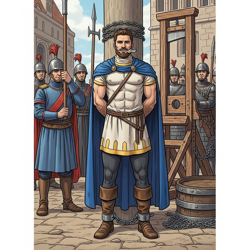 Valiant Caucasian Prince with Brown Beard and Muscular Physique Facing Grim Guillotine Execution