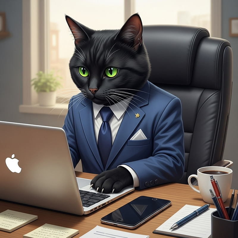 Black Cat in Blue Suit Working at Office Desk