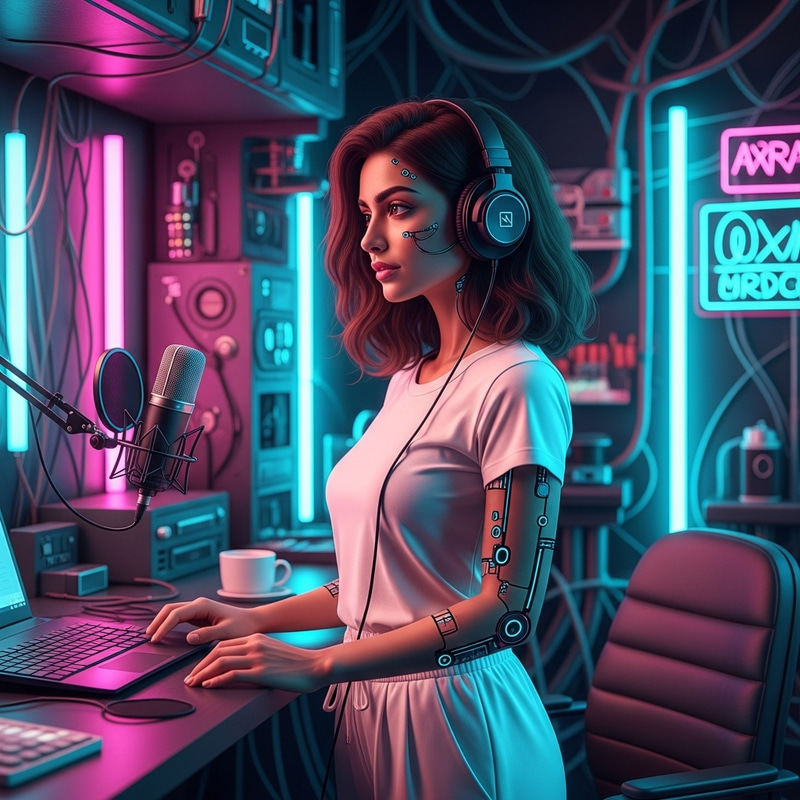 Futuristic Middle-Eastern Woman in High-Tech Podcast Studio Futuristic Middle-Eastern Woman in High-Tech Podcast Studio
