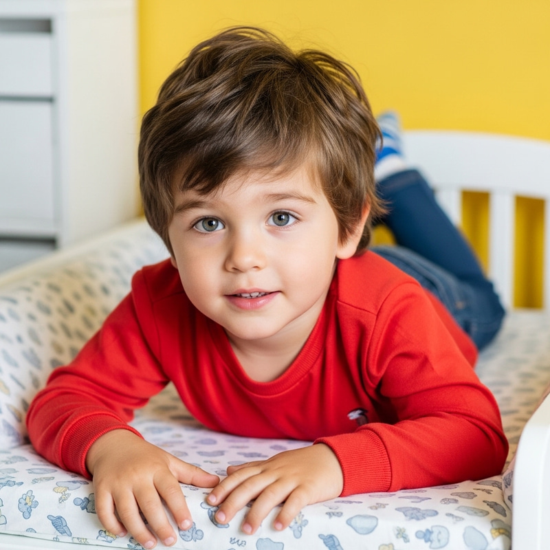 Innocence & Joy of Childhood: Curious 5-Year-Old Boy Changing Table Portrait Innocence & Joy of Childhood: Curious 5-Year-Old Boy Changing Table Portrait