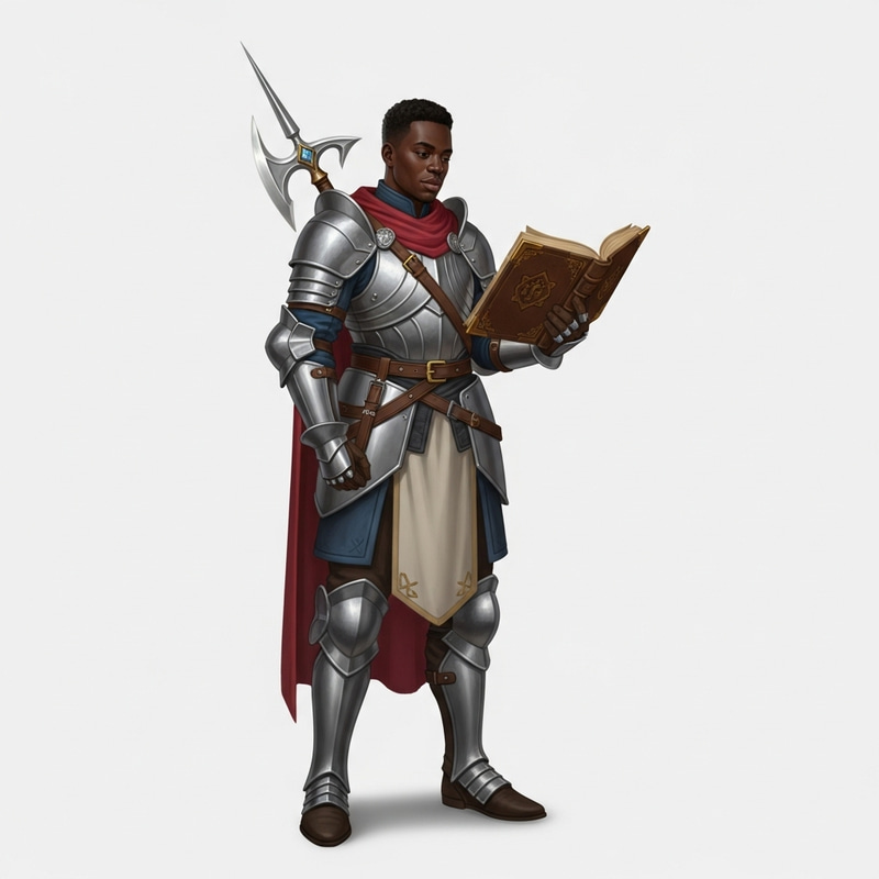 Black Male Paladin in Light Armor Studying Ancient Tome