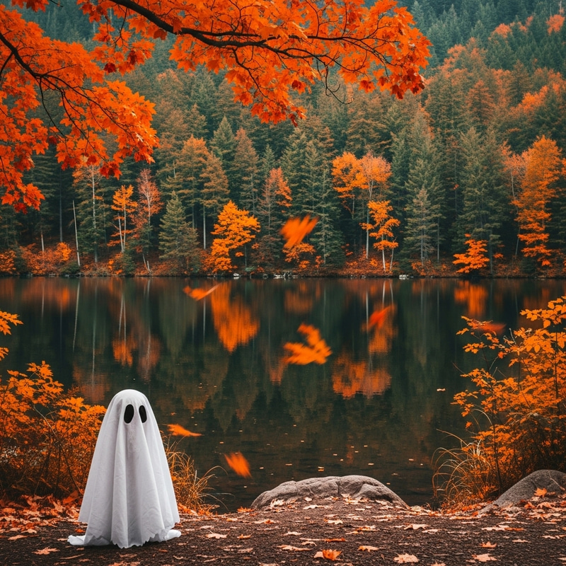 Tranquil Child-Like Ghost Costume at Serene Lake Tranquil Child-Like Ghost Costume at Serene Lake