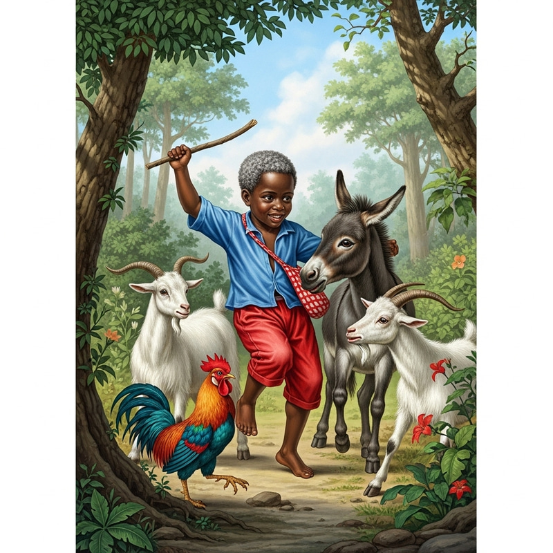 Detailed Haitian Child Playing in Woods with Donkey, Goat, and Rooster Detailed Haitian Child Playing in Woods with Donkey, Goat, and Rooster