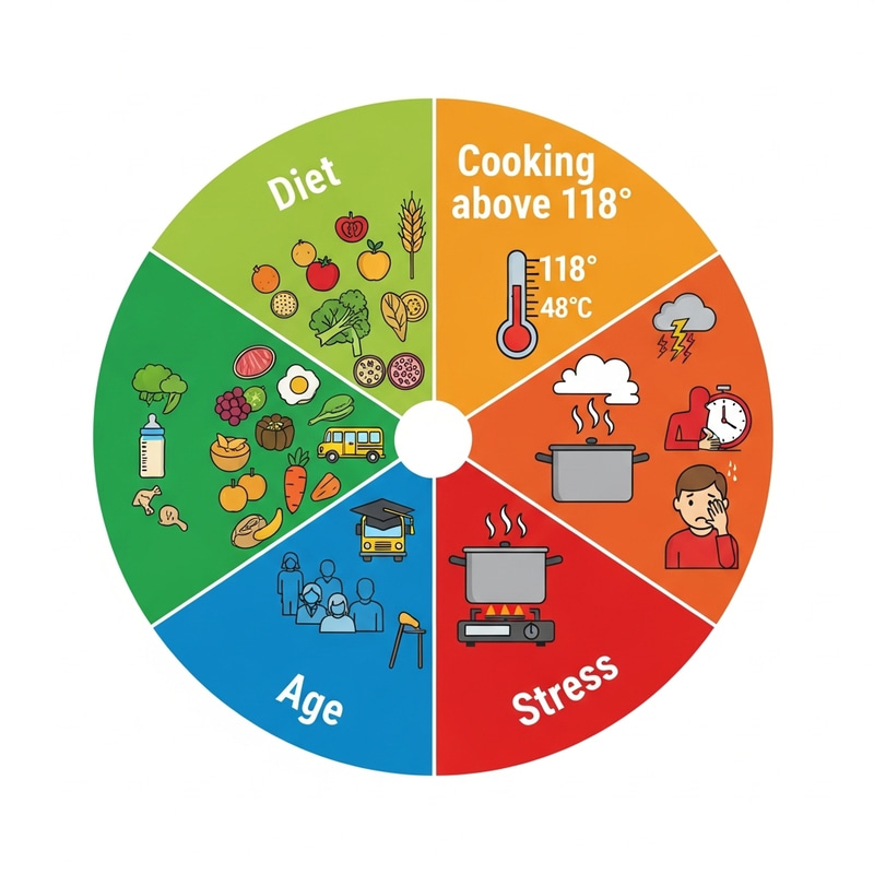 Wheel Chart Depicting Diet, Age, Cooking Above 118 Degrees, and Stress - Explained Wheel Chart Depicting Diet, Age, Cooking Above 118 Degrees, and Stress - Explained