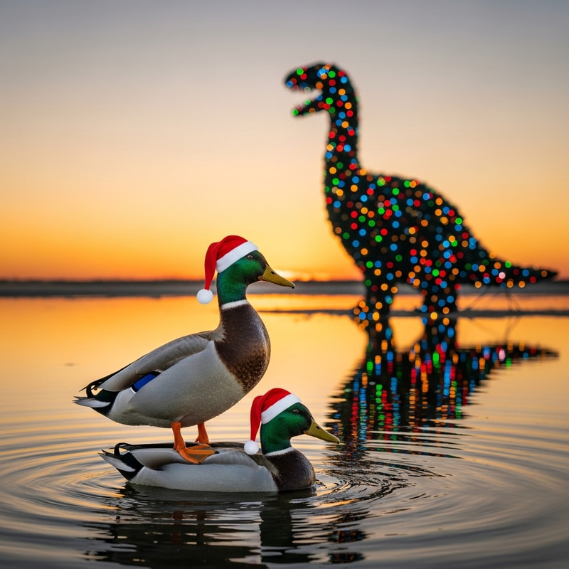 Duck Celebrating New Year in Santa Hats | Festive Dinosaur Tree Scene