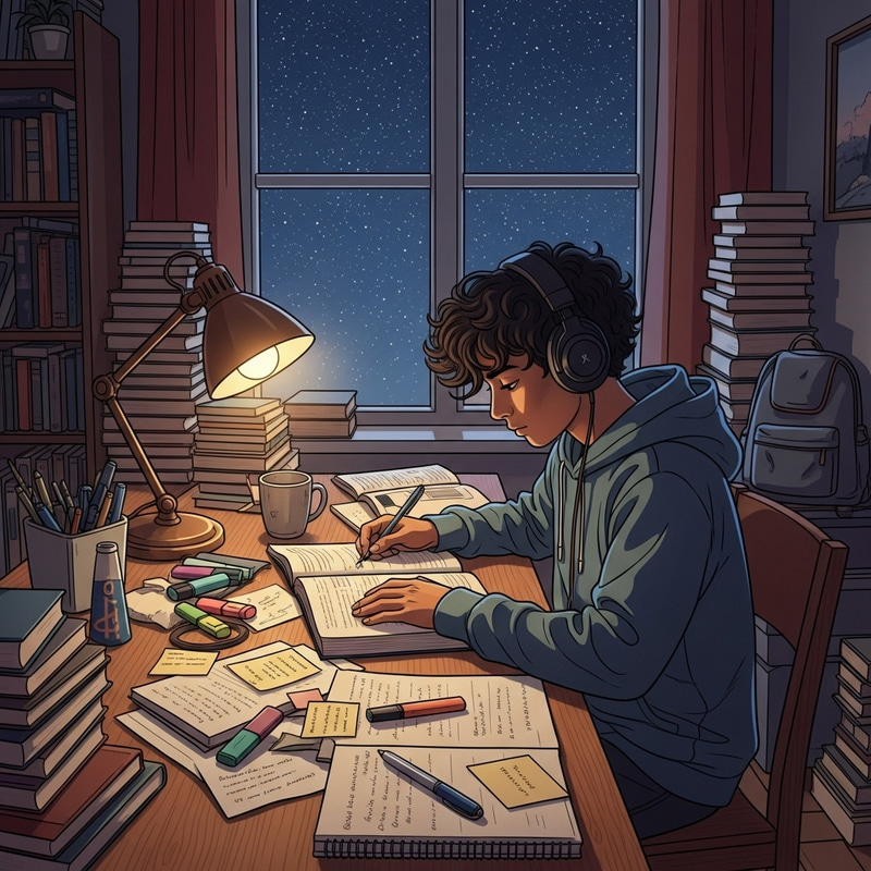 Boy Studying with Music in Room | Night Sky Full of Stars Boy Studying with Music in Room | Night Sky Full of Stars